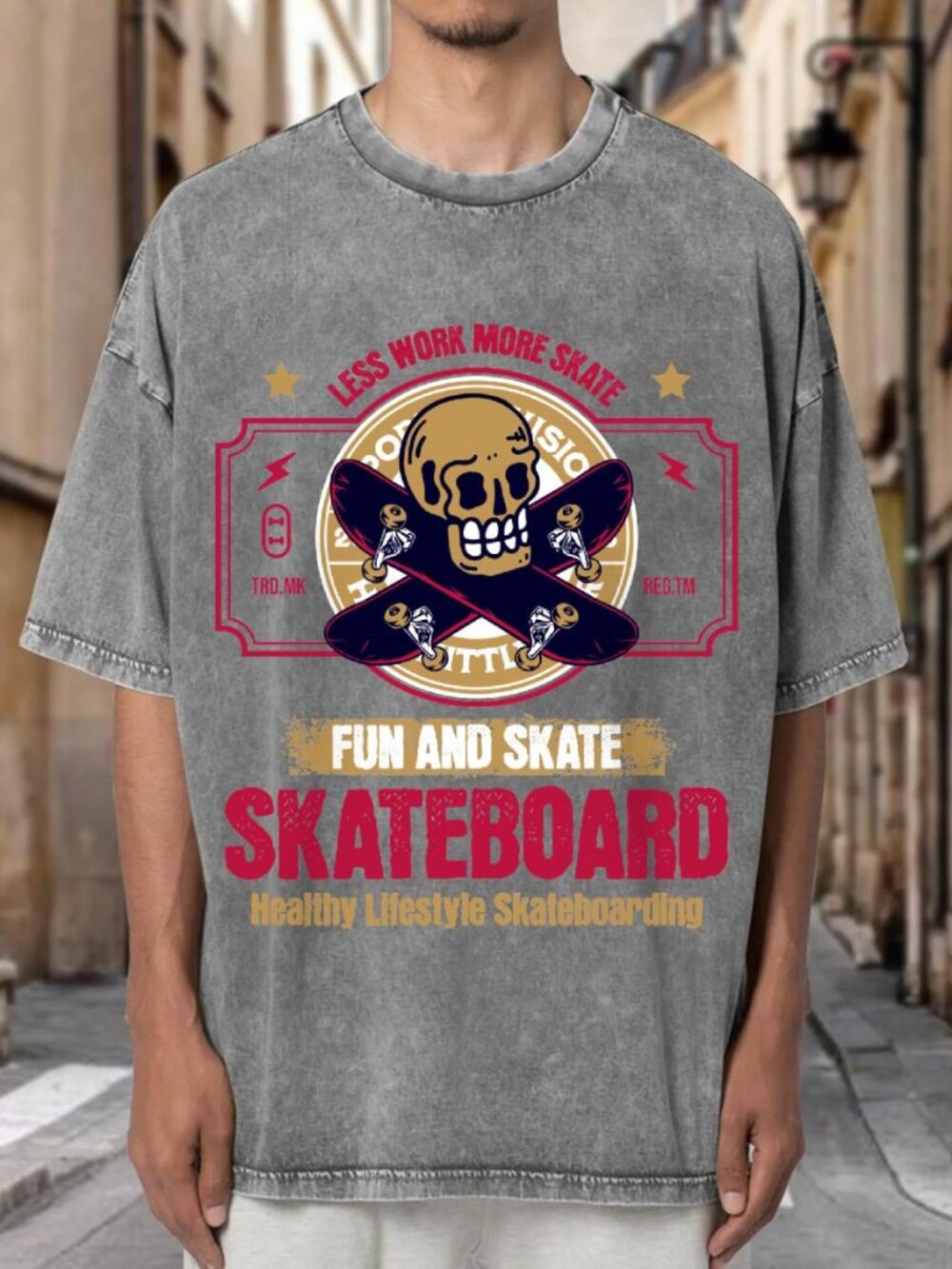 Less Work More Skate Skull Skateboard Vintage Streetwear T-shirt IQE6CA87D502